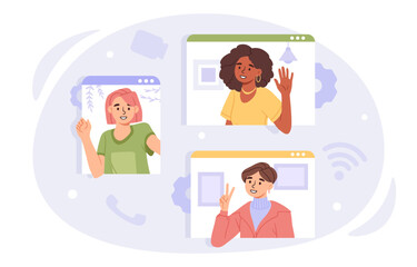 Poster - video conference concept. men and woman with remote call. friends or colleagues communicate in socia
