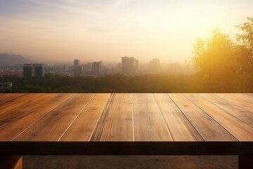 Wall Mural - Empty wood table nature city outdoor. Green top view wooden plank. Generate Ai