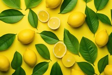 Lemons And Lemons With Green Leaves On Yellow Background