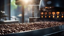 Freshly Roasted Aromatic Coffee Beans Above Modern Coffee Roasters Professional Coffee Roasting Testing At Various Levels