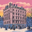 An artist painted an illustration of a pink building in london, advent calendar, Christmas, in the style of ornamental exuberance, silkscreen, nicolas poussin, light yellow and light indigo, louis wai