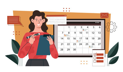 Poster - Business woman planning day. Young girl with calendar. Schedule and goal setting. Time management and organizing effective work process. Cartoon flat vector illustration isolated on white background
