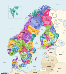 Wall Mural - Regions and municipalities map in the Nordic region. Vector illustration