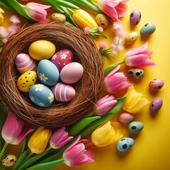  This is a colorful image of a bird's nest filled with Easter eggs and surrounded by tulips on a yellow background. Easter holiday concept.