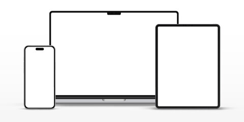 Modern laptop mockup front view and high quality smartphone and tablet mockup isolated on white background. Notebook mockup and phone device mockup for ui ux app and website presentation