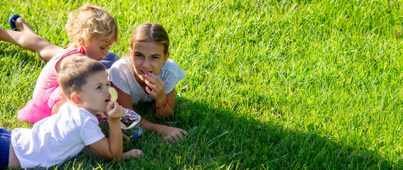 Wall Mural - happy children eating chips in the park. Selective focus.