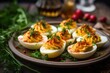 Hot and Spicy Homemade Deviled Eggs on a Plate, Garnished with Paprika, Yolk and Parsley - Delicious Egg Snack