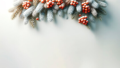 Poster - Snow covered fir branches with vibrant rowan berries creating a natural holiday border. Generative AI