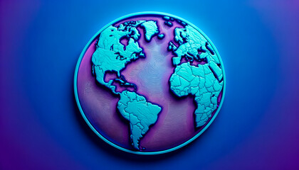 Poster - Vibrant 3D world map with fluid lines on a dynamic purple background. Digital art concept. Generative AI