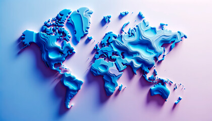 Poster - Artistic 3D world map with fluid lines and glowing edges on a dynamic purple background. Generative AI