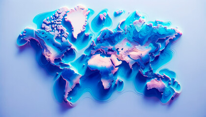 Poster - Vibrant 3D world map with swirling patterns and electric blue highlights on a pastel background. Generative AI