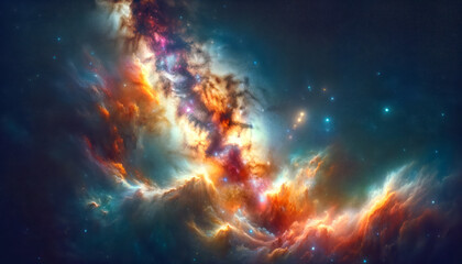 Poster - Nebulous cosmic formation with vibrant colors and starry backdrop. Generative AI