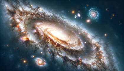Poster - Spiral galaxy surrounded by celestial phenomena and distant stars. Generative AI