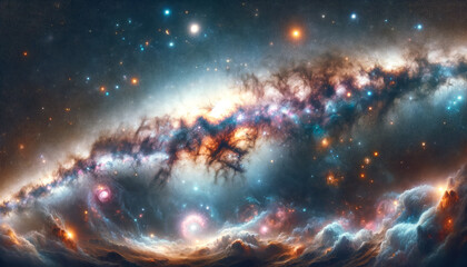 Poster - Majestic galaxy panorama with cosmic clouds and star clusters. Generative AI