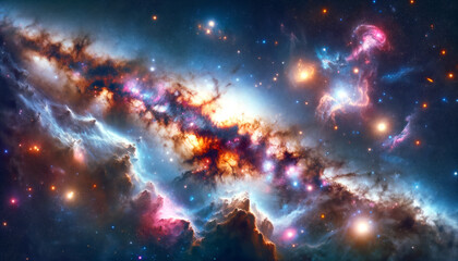 Poster - Galactic cloudscape with vibrant star formations and cosmic energy. Generative AI