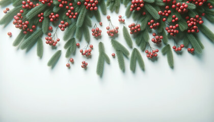 Poster - Christmas background. Fir branches with red berries on a white background, top view. Generative AI