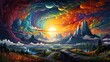 widok doliny z górami i kosmicznym niebie z kolorowymi chmurami na planecie