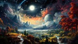 Fototapeta Do pokoju - widok doliny z górami i kosmicznym niebie z kolorowymi chmurami na planecie