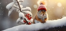 A Delightful Squirrel, Adorned In A Fluffy Winter Coat And A Vibrant Red Stocking Cap, Gracefully Balances On A Snow-covered Rock, 
