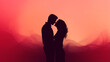 Loving couple silhouette kissing amidst romantic pink red haze evoking sense of profound affection and magic of love, symbolizes timeless love story of two hearts together, dreamy honeymoon