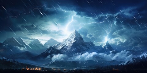 Fototapeta szczyty gór podczas deszczu i burzy, piorumy i wiatry