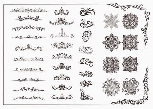 Classic ornaments set. Retro black thin line ornate design elements for wedding invitation text frame, greeting card, web banner. Victorian dividers, separator, scrolls, embellishments, mandalas.