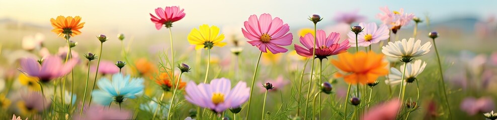 spring blooming, beautiful meadow field full of flowers of different colors in full bloom