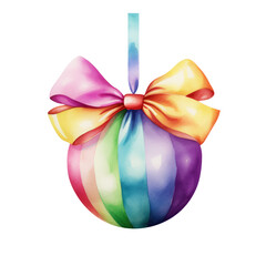 Wall Mural - colorful watercolor Christmas ball with ribbon and a bow, isolated on background. Generative AI.