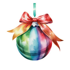 Wall Mural - colorful watercolor Christmas ball with ribbon and a bow, isolated on background. Generative AI.