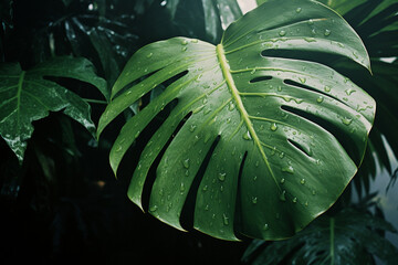 Aufkleber - Misty minimalism with a monstera leaf, evoking the mysterious beauty of the tropical forest.