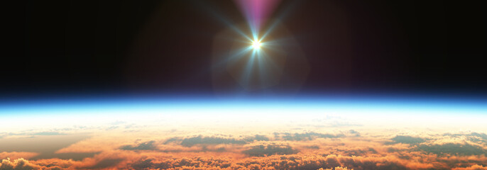 Wall Mural - earth sunrise from space over cloudy ocean. 3d rendering