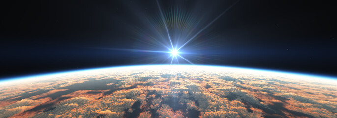 Wall Mural - earth sunrise from space over cloudy ocean. 3d rendering