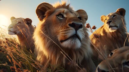 Wall Mural - Lions, from below, side view, golden hour, on Agfa Vista.