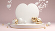 Valentine's Day and  Podium for product, cosmetic presentation, jewelry presentation with golden hearts and golden balls. 