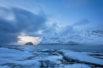 Wall Mural - haukland beach, lofoten islands, norway. landscape with long exposure shot. mountains, rocks and clo