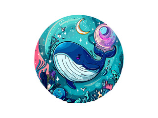 Sticker - Watercolor Blue Whale with Underwater Seascape Vector Illustration Clipart