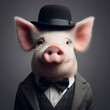 Pig in a top hat and suit portrait on solid background. ai generative