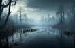 Mystic swamp with trees and small lake in misty fog