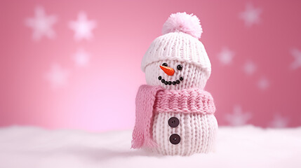 Wall Mural - Cute knitted snowman in a hat and scarf on an isolated pink background with copyspace. Header for a website.