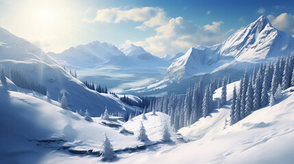 Wall Mural - Beautiful winter snowy landscape. Drone view of the snowy forest and mountains.
