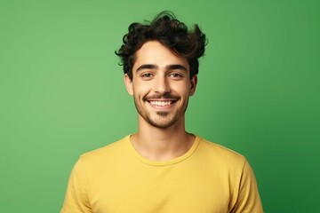 Wall Mural - Portrait of young handsome smiling guy wear green t shirt promoting new smartphone website ai service isolated on yellow color