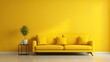 A yellow sofa with three yellow cushions against a yellow wall.