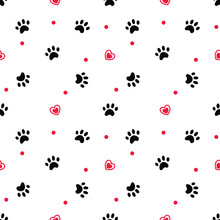 Paw Cat And Pet Background. Traces Of Pets. Paw Vector Foot Trail Print Of Cat. Kitty Paw Background And Wallpaper Vector. Dog Paw Seamless Pattern Wallpaper. Love Heart Valentine Concept.