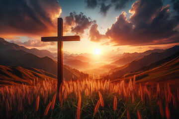 Wall Mural - The cross standing on meadow sunset and flare background. Cross on a hill as the morning sun comes up for the day. The cross symbol for Jesus Christ. Easter background concept and The crosses sign.