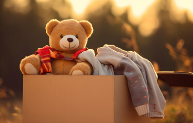 Donation box with used clothes and bear on light nature blurred