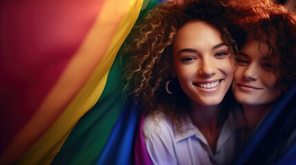 Wall Mural - Beautiful lesbian girls hugging, LGBT glag