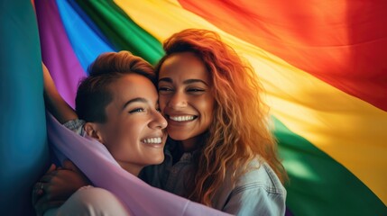 Wall Mural - Beautiful lesbian girls hugging, LGBT glag