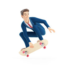 3d Cartoon Businessman Jumping On Skateboard