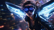 In a futuristic cityscape, a girl with cybernetic wings and aviator goggles soars through the air. Her hair has neon streaks, and her eyes shine with technological prowess
