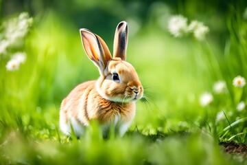 Wall Mural - cute little rabbit on green grass with natural bokeh as background during spring. young adorable bunny playing in garden. lovrely  at park